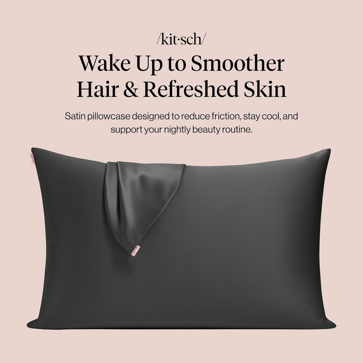 Kitsch Satin Pillowcase with Zipper for Hair & Skin - Softer Than Silk Pillow Cases, Smooth Cooling Satin Pillow Case, Wrinkle-Free, Machine Washable - Pillow Cases Standard Size (66x48 cm) - Charcoal