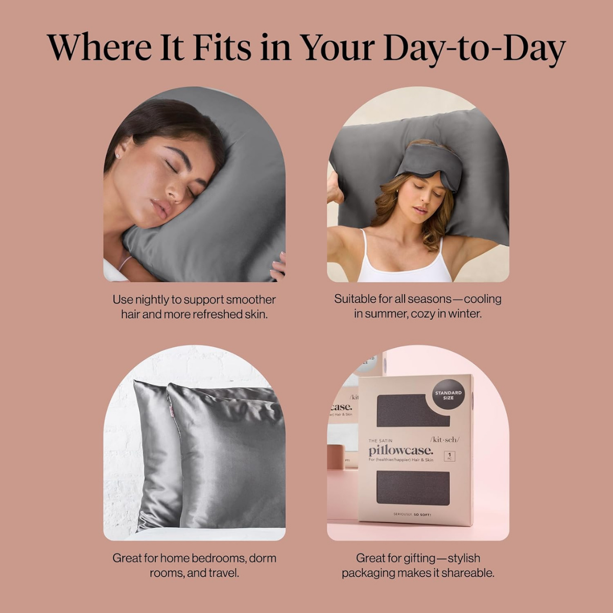 Kitsch Satin Pillowcase with Zipper for Hair & Skin - Softer Than Silk Pillow Cases, Smooth Cooling Satin Pillow Case, Wrinkle-Free, Machine Washable - Pillow Cases Standard Size (66x48 cm) - Charcoal