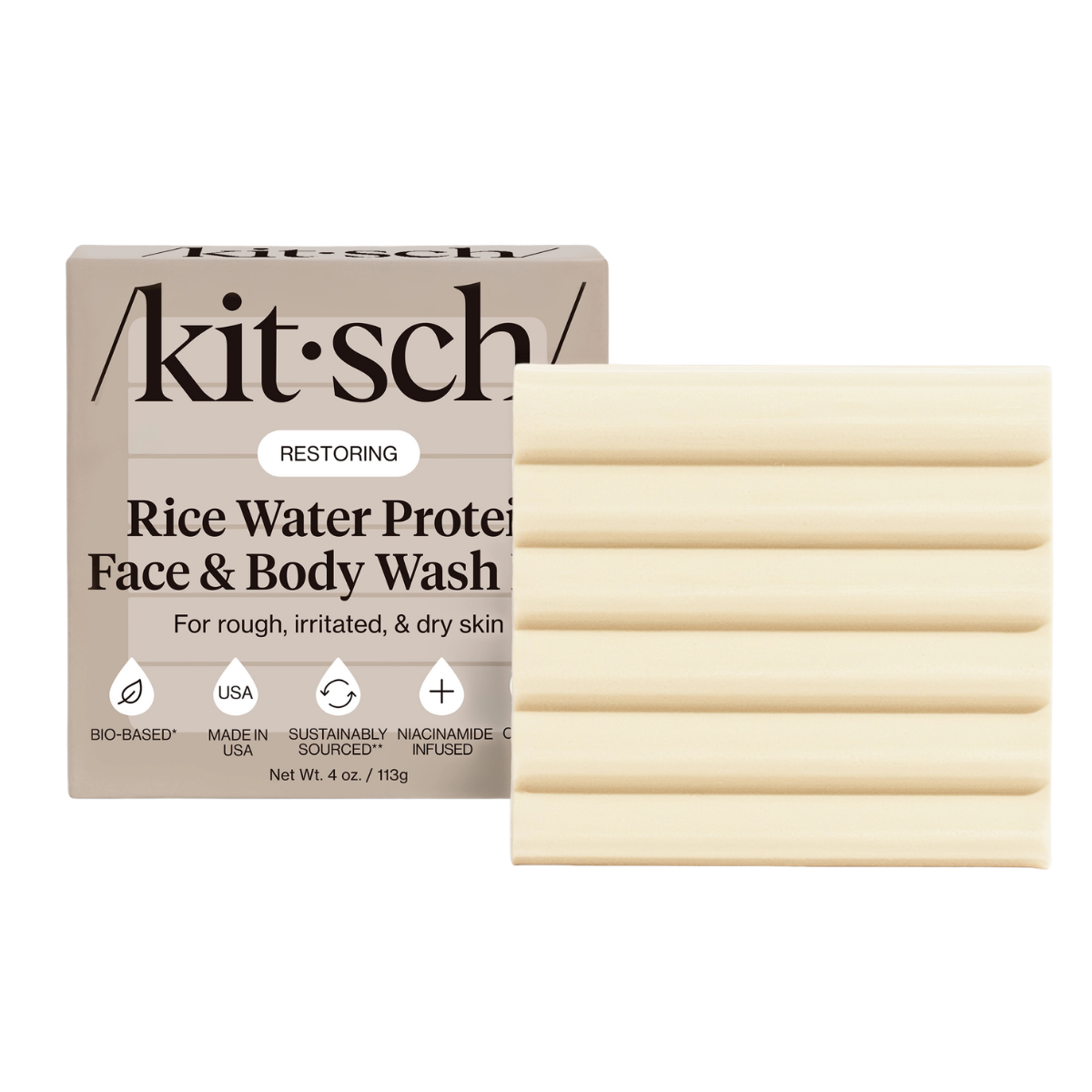 Kitsch Restoring Rice Water Protein Face & Body Wash Bar for Rough, Irritated & Dry Skin - 113g