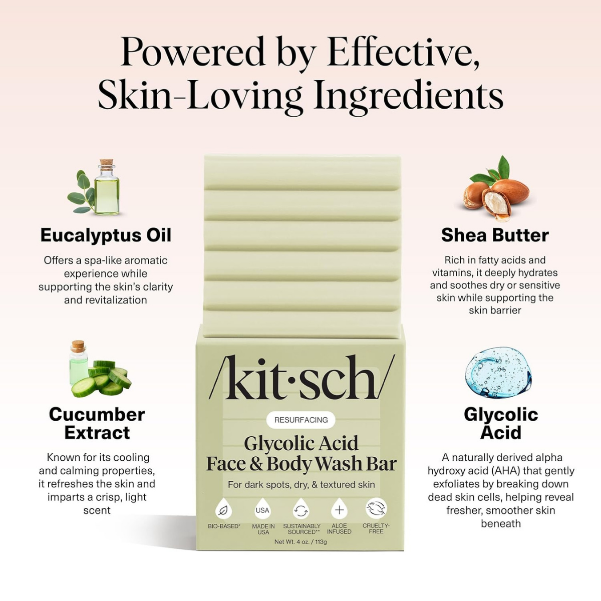Kitsch Glycolic Acid Face & Body Wash Bar – Resurfacing Bar Soap with Shea Butter for Smoother, Brighter Skin – Gentle Soap & Body Wash Women & Men Love – Cucumber & Eucalyptus Scent Bath Soap - 113g