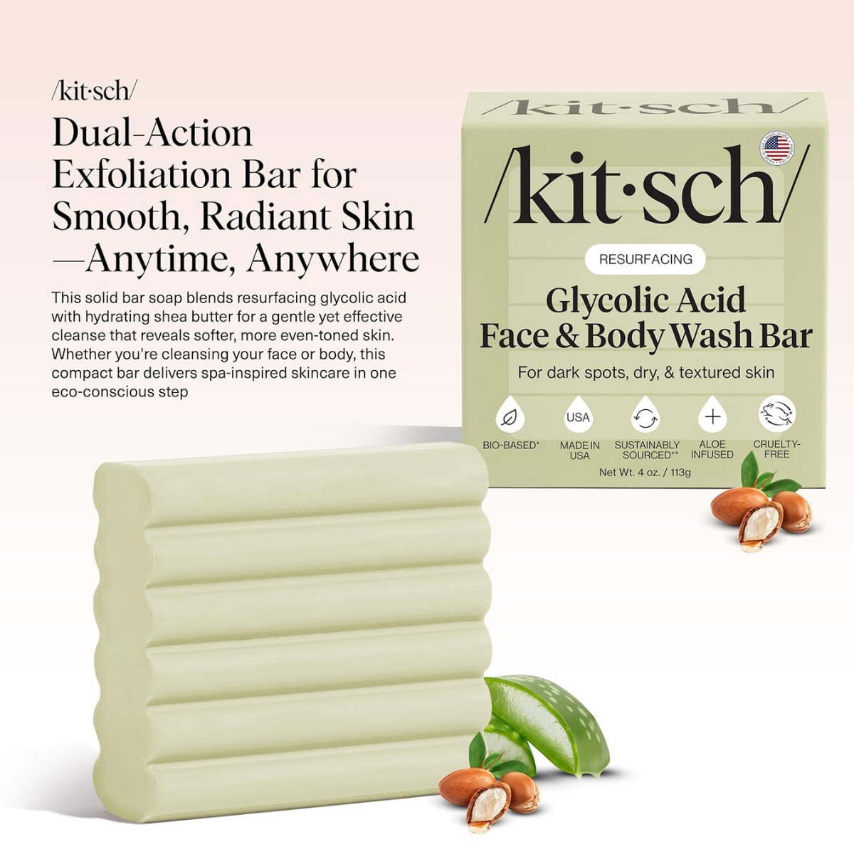 Kitsch Glycolic Acid Face & Body Wash Bar – Resurfacing Bar Soap with Shea Butter for Smoother, Brighter Skin – Gentle Soap & Body Wash Women & Men Love – Cucumber & Eucalyptus Scent Bath Soap - 113g