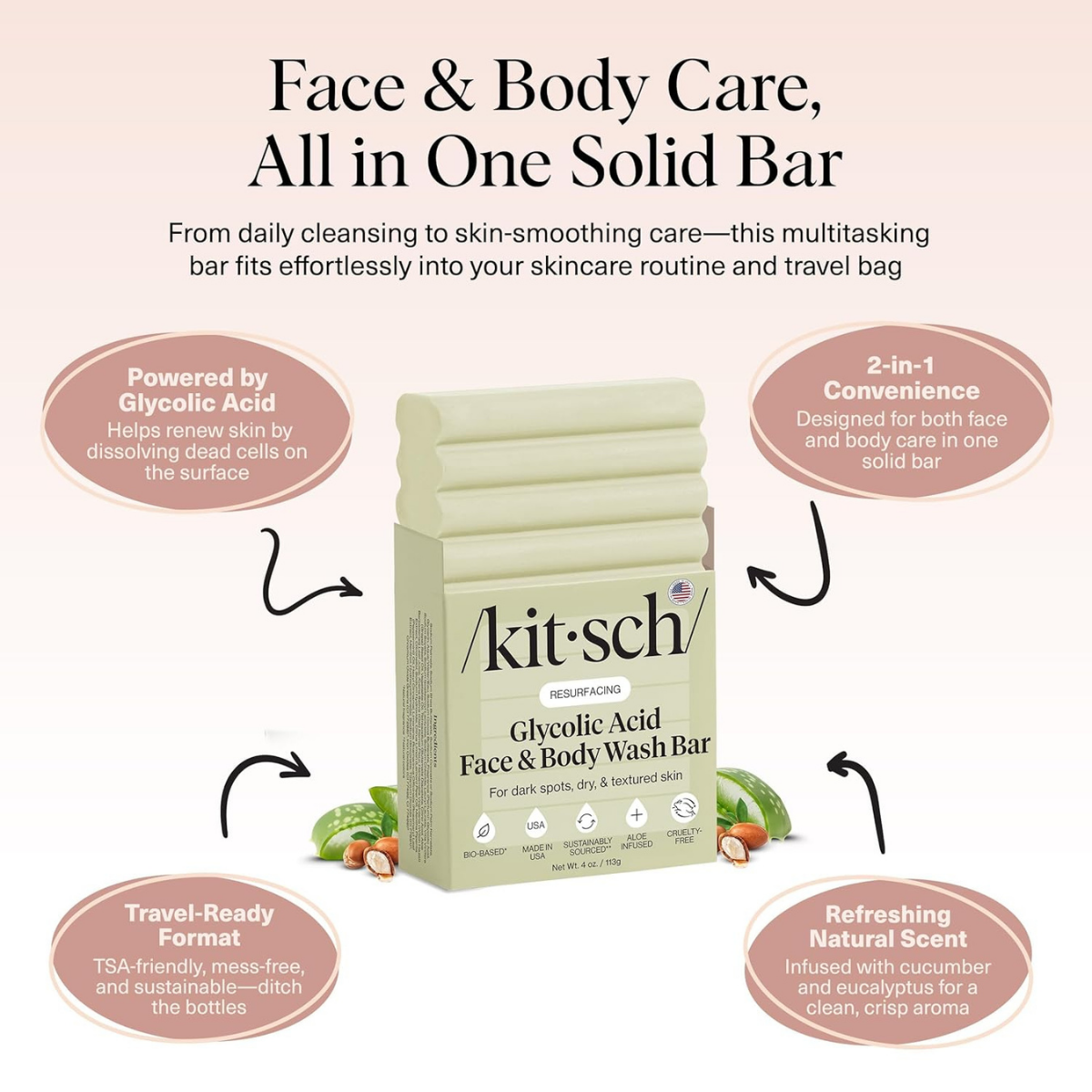 Kitsch Glycolic Acid Face & Body Wash Bar – Resurfacing Bar Soap with Shea Butter for Smoother, Brighter Skin – Gentle Soap & Body Wash Women & Men Love – Cucumber & Eucalyptus Scent Bath Soap - 113g