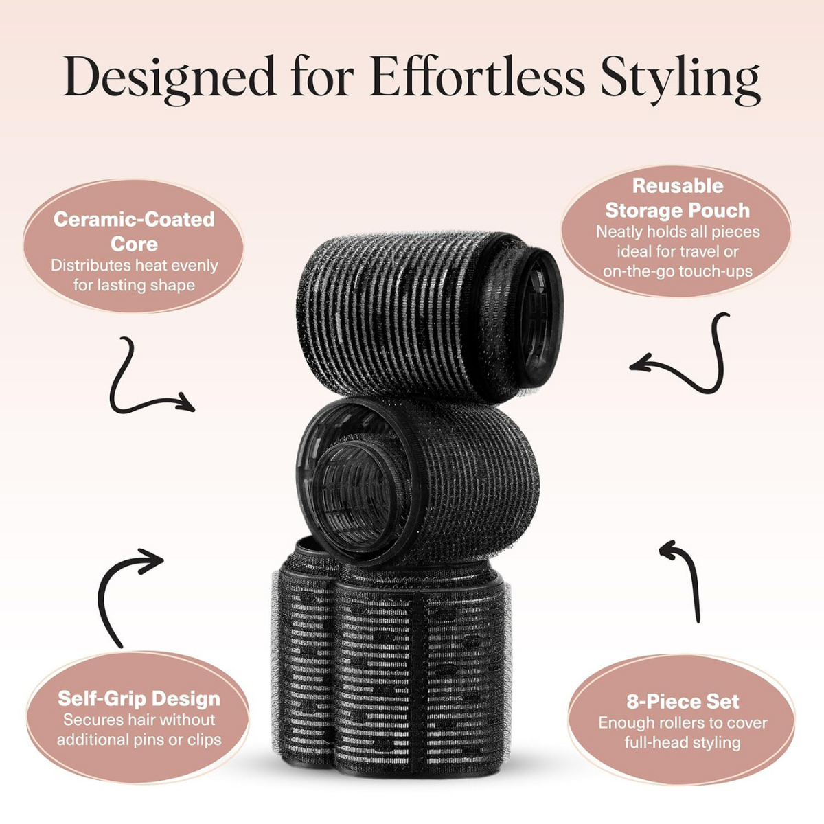 Kitsch Ceramic Hair Rollers for Women – Self Grip Hair Curlers for Heatless Curl Overnight, Long Lasting Frizz-Free Curls Volumizing Large Rollers for All Hair Types - Black, 8 count (Pack of 1)