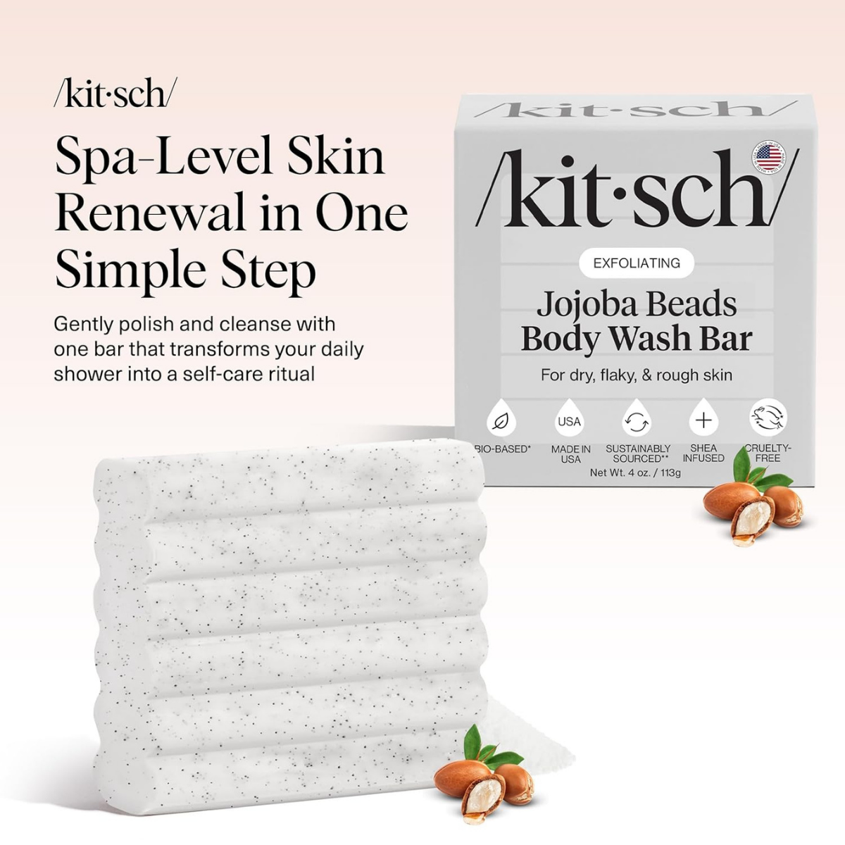 Kitsch Jojoba Beads Exfoliating Body Wash Bar – Nourishing Bar Soap with Shea Butter & Aloe for Dry, Flaky Skin – Soap bar & Body Scrub for Smooth, Refreshed Skin – Rosemary & Cedarwood Scent - 113g