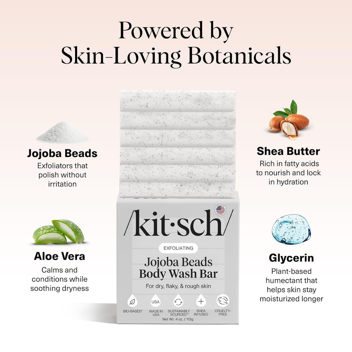 Kitsch Jojoba Beads Exfoliating Body Wash Bar – Nourishing Bar Soap with Shea Butter & Aloe for Dry, Flaky Skin – Soap bar & Body Scrub for Smooth, Refreshed Skin – Rosemary & Cedarwood Scent - 113g
