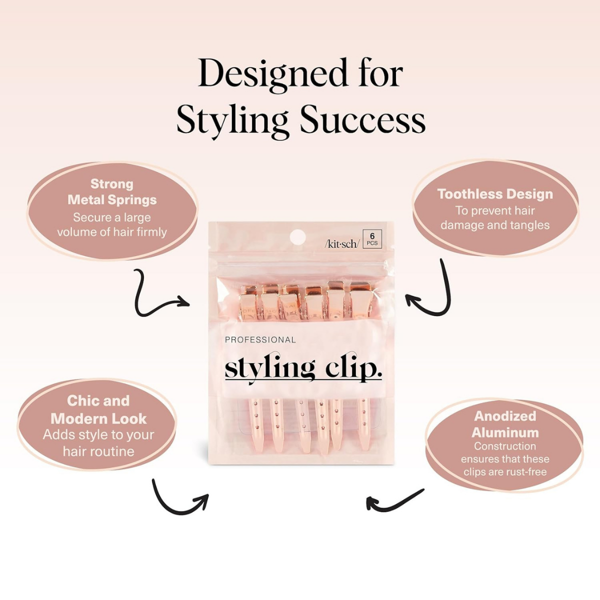 Kitsch Professional Alligator Clips for Hair Styling – 3.5" Aluminum Hair Sectioning Clips for Salon & Makeup Application | Ideal Gifts for Women – Rose Gold, 6 Pcs
