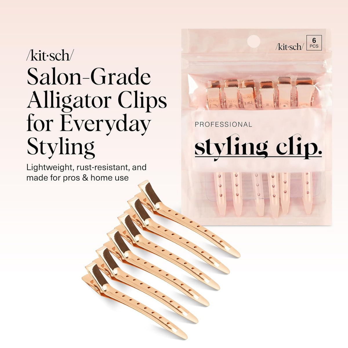 Kitsch Professional Alligator Clips for Hair Styling – 3.5" Aluminum Hair Sectioning Clips for Salon & Makeup Application | Ideal Gifts for Women – Rose Gold, 6 Pcs