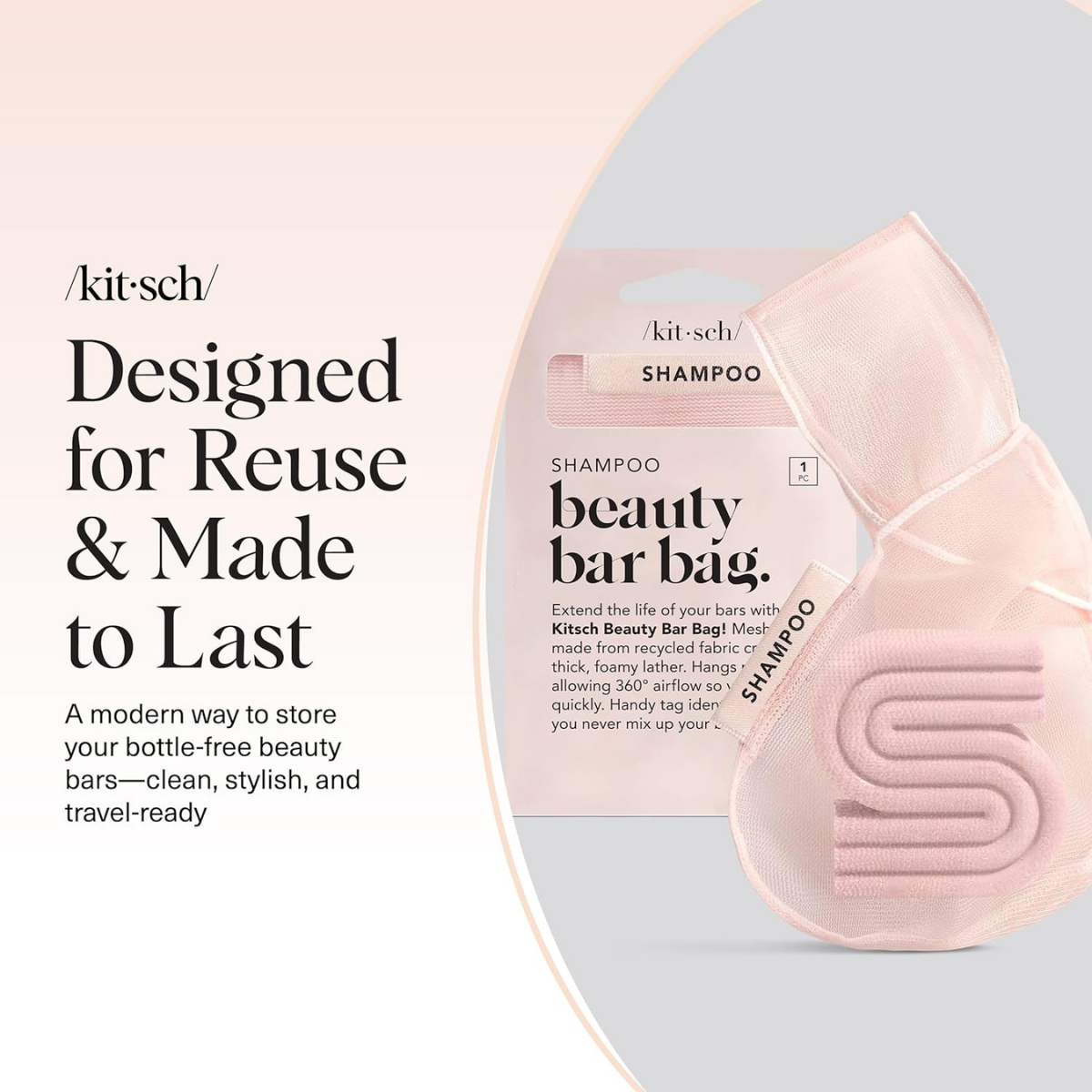 Kitsch Bar Soap Saver Pouch – Patented Mesh Soap Bag for Shampoo and Conditioner Bars - Extends Use & Prevents Soggy Mess - Recycled Beauty Bar Bag, Eco-Friendly - Blush