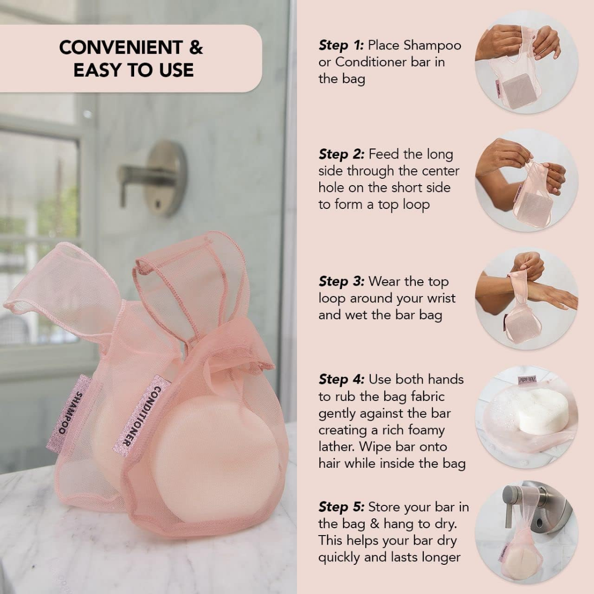 Kitsch Bar Soap Saver Pouch – Patented Mesh Soap Bag for Shampoo and Conditioner Bars - Extends Use & Prevents Soggy Mess - Recycled Beauty Bar Bag, Eco-Friendly - Blush