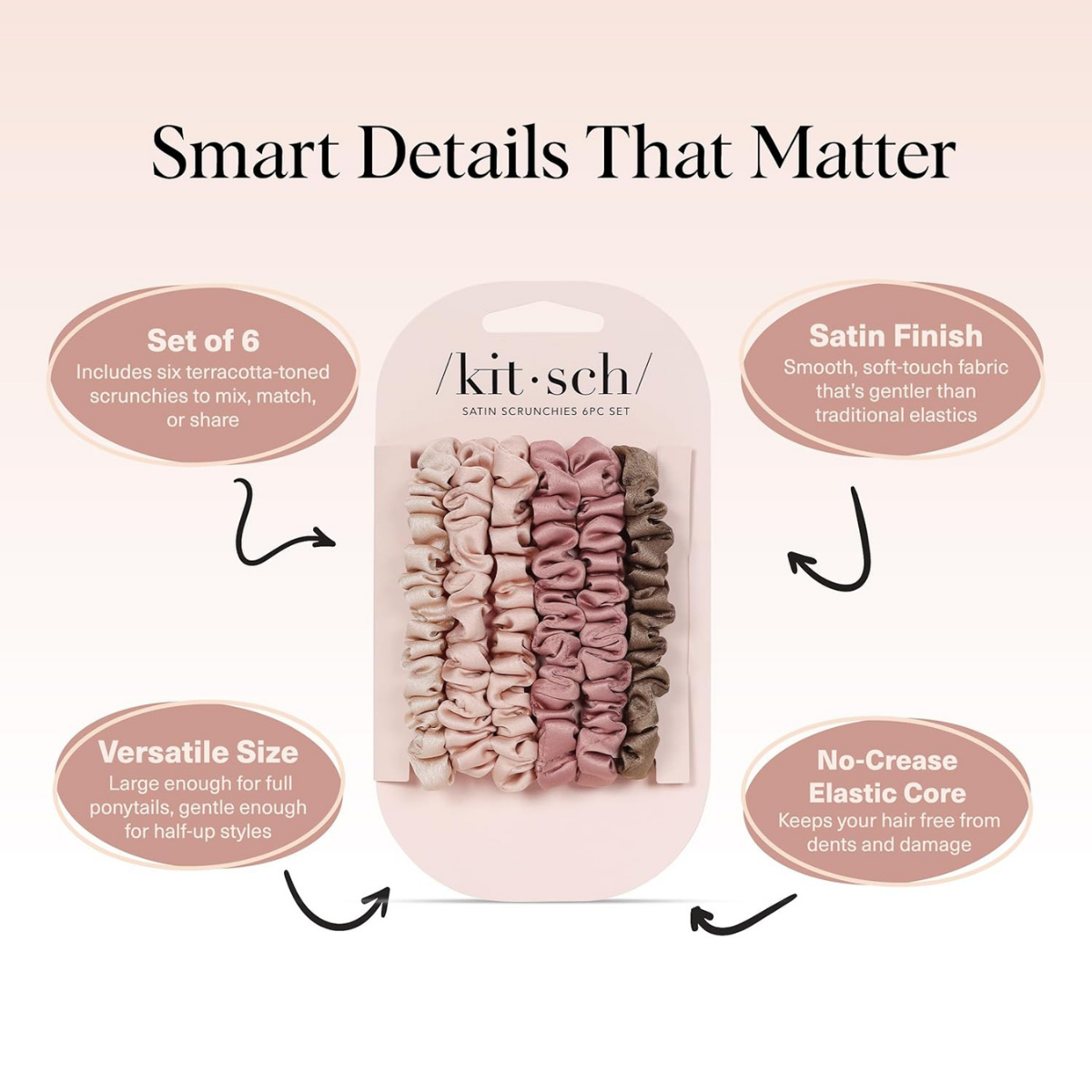 Kitsch Satin Scrunchies for Women - No Crease Hair Ties for Girls | Scrunchies For All Hair Types and Textures, Perfect for Day or Night | Ideal Gifts for Women - 6 Pcs, Terracotta