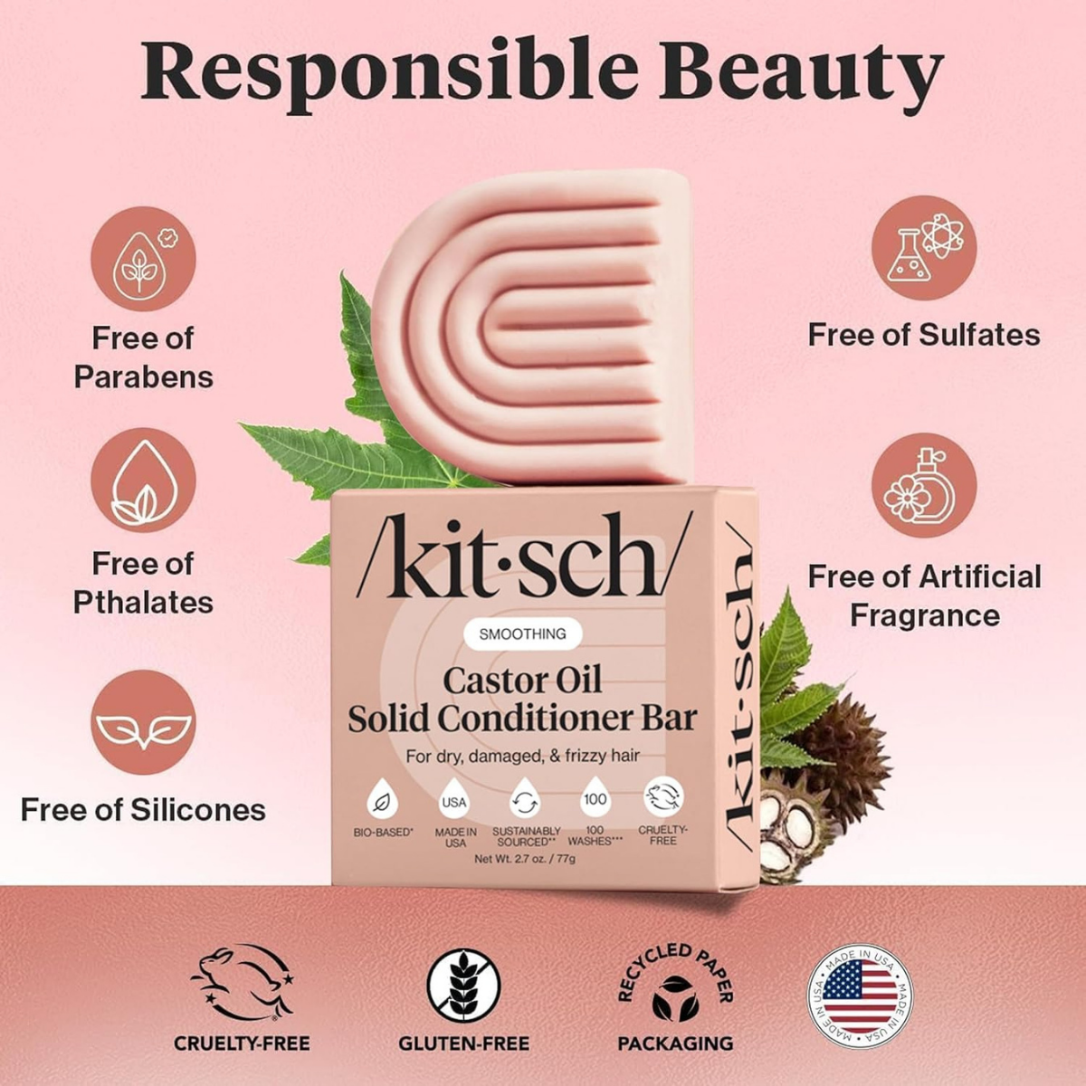 Kitsch Castor Oil Conditioner Bar Soap - Hydrating & Moisturizing Hair Care - Organic Castor Oil Conditioner for Hair Growth & Scalp Nourishment - Silicone & Paraben-Free, Vegan, Made in USA