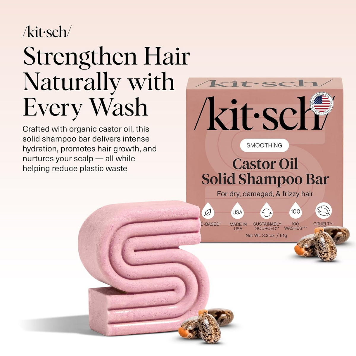Kitsch Castor Oil Shampoo Bar Soap - Hydrating & Moisturizing Hair Care - Organic Castor Oil Solid Shampoo for Hair Growth & Scalp Nourishment - Silicone & Paraben-Free, Vegan