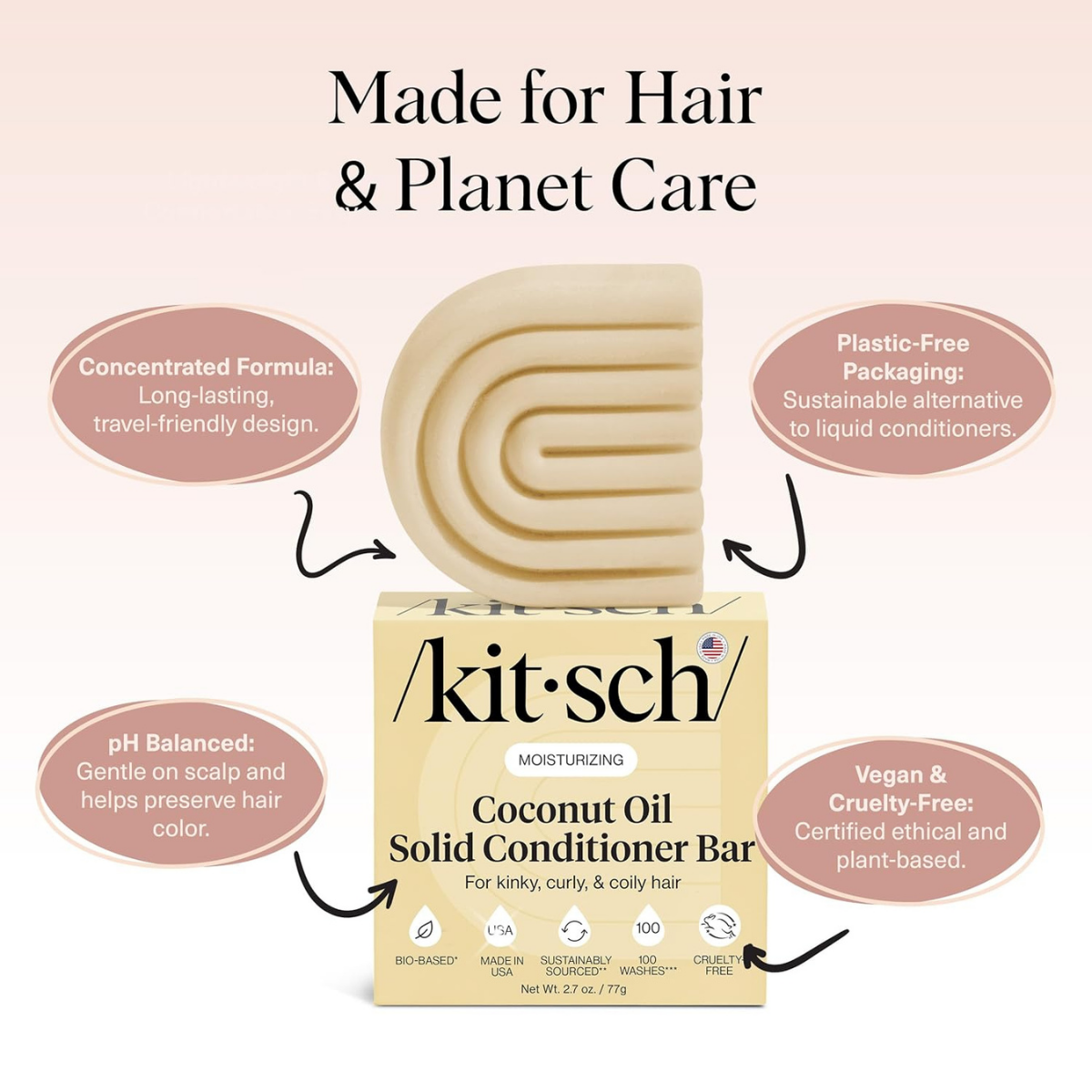 Kitsch Coconut Oil Conditioner Bar - Hair Conditioner For Women and Men - Deep Moisturizing, Nourishes, Hydrate & Soften Damaged Dry Hair - Silicone, Paraben & Sulfate Free - Made in USA