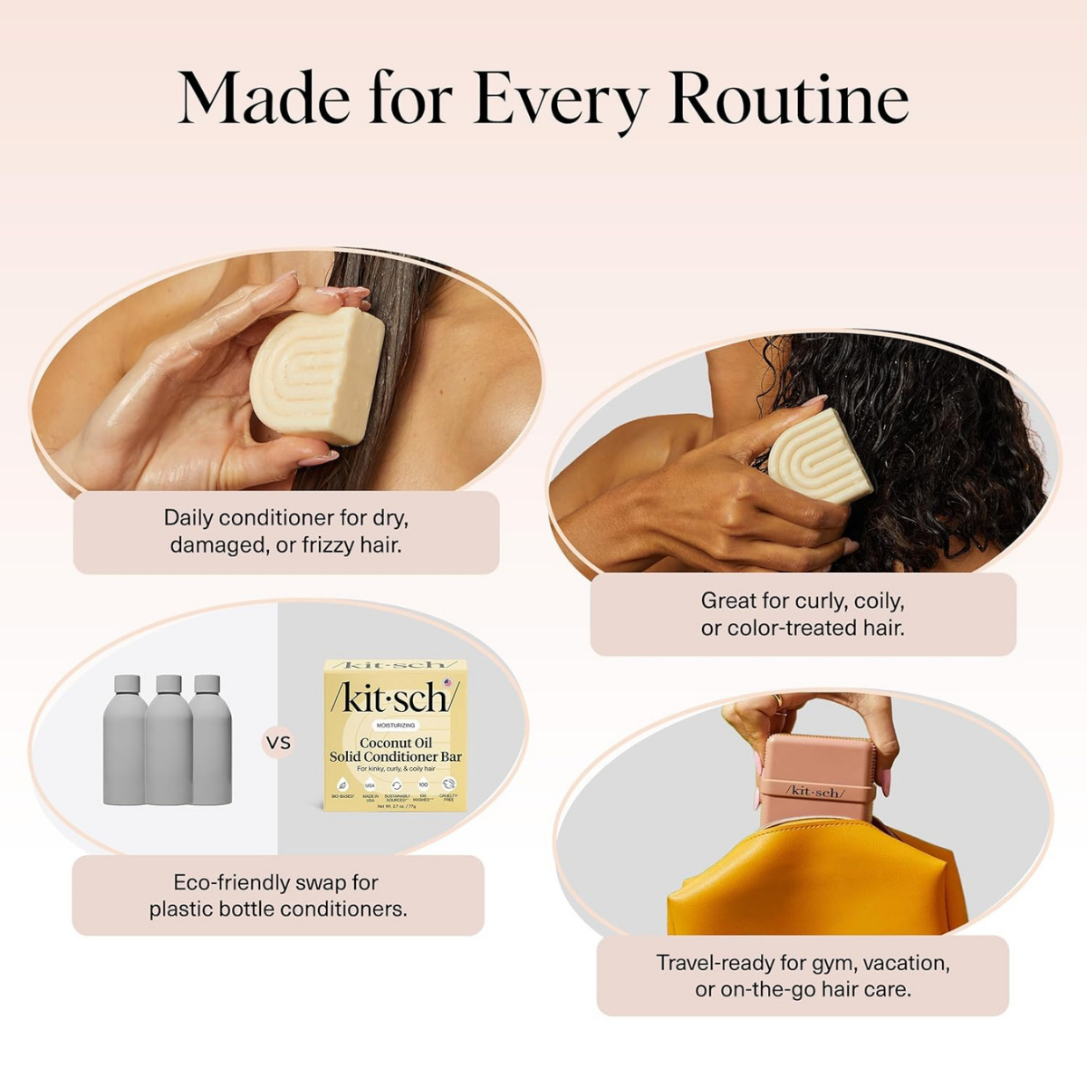 Kitsch Coconut Oil Conditioner Bar - Hair Conditioner For Women and Men - Deep Moisturizing, Nourishes, Hydrate & Soften Damaged Dry Hair - Silicone, Paraben & Sulfate Free - Made in USA