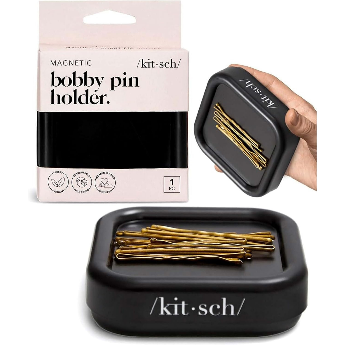 Kitsch Magnetic Bobby Pin Holder - Cute Stuff, Strong Magnetic Pin Holder for Desk & Vanity, Securely Holds Metal Hair Clips, Bobby Pins & Paper Clip | Ideal Gifts for Women - Black, 1 pc