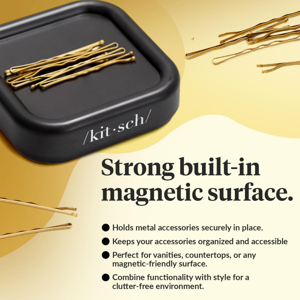 Kitsch Magnetic Bobby Pin Holder - Cute Stuff, Strong Magnetic Pin Holder for Desk & Vanity, Securely Holds Metal Hair Clips, Bobby Pins & Paper Clip | Ideal Gifts for Women - Black, 1 pc