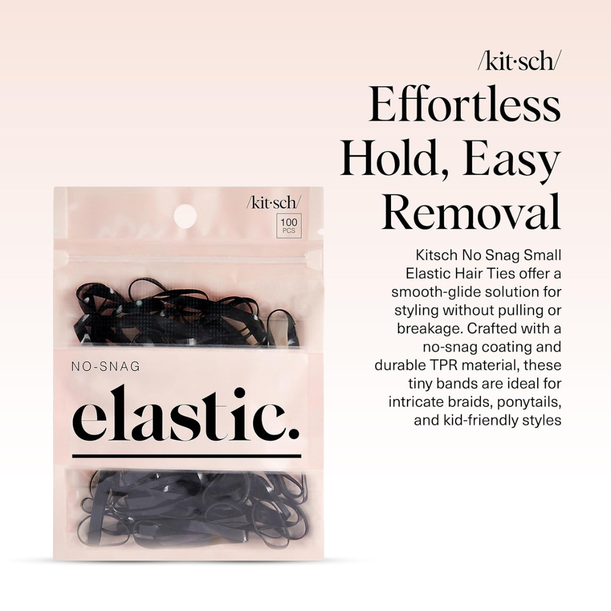 Kitsch Hair Ties No Damage for Kids, Teens and Women - Rubber Bands for Hair Styling | No Snag Hair Elastics | Daily Hair Accessories | Ideal Gifts for Women - 100pcs (Black)