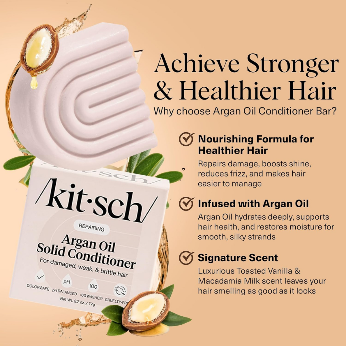 Kitsch Argan Oil Conditioner Bar – Repairing Hair Conditioner for Damaged Hair, Anti-Frizz – Strengthening, Moisturizing Hair Care – Paraben, Silicone & Sulfate-Free – Made in USA