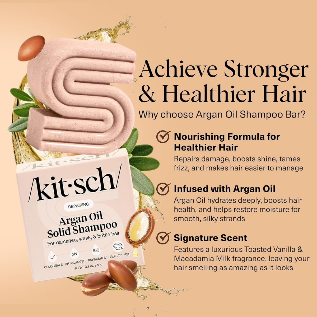Kitsch Argan Oil Shampoo Bar for Hair Growth – Repairing Hair Shampoo for Women & Men – Strengthening & Moisturizing Hair Care – Paraben, Phthalates, Silicone & Sulfate Free - Made in USA