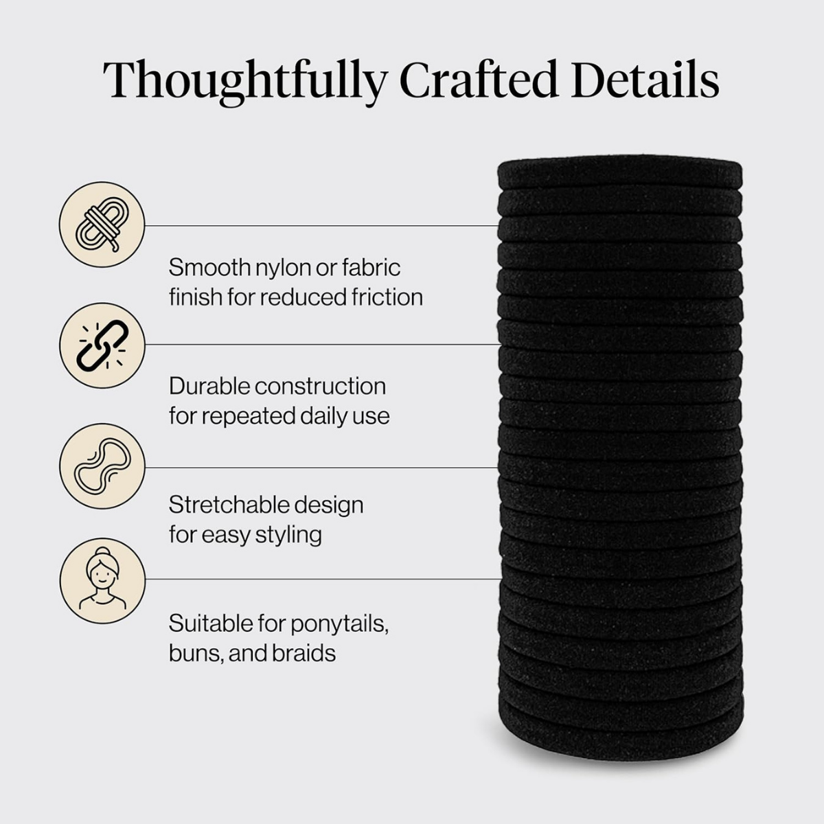 Kitsch Nylon Hair Ties No Damage - Stretchable Hair Bands for Strong All-Day Hold, Ponytail Holders | Hair Accessories for Girls | Ideal Gifts for Women - Black, 20 Pcs