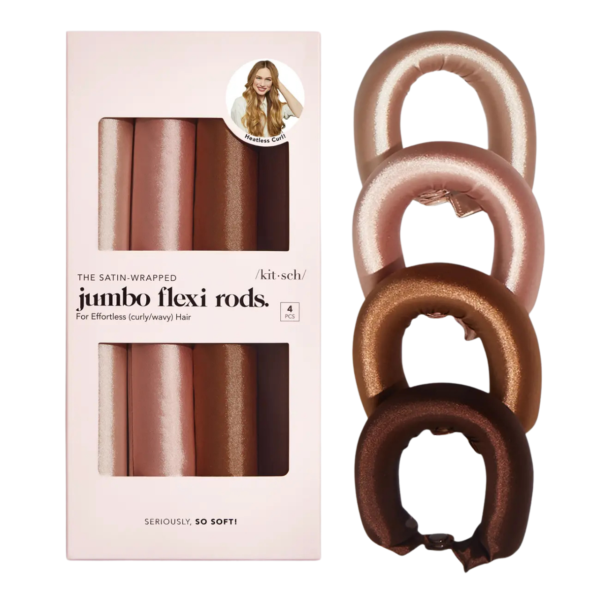 Kitsch Satin Hair Curlers, Heatless Curling Rod - Jumbo Flexi Rod for Heatless Curls Overnight, Comfortable Hair Curlers to Sleep In for Frizz-Free, No Heat Damage Styling - 4pcs, Rosewood