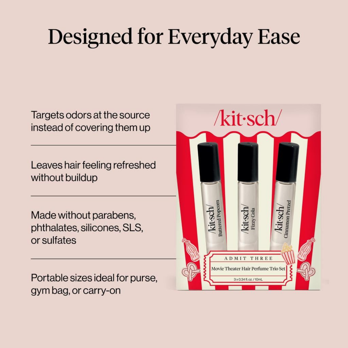 Kitsch Hair Perfume for Women - Movie Theater Set | Deodorizing & Patented Odor-Eliminating Technology Hair Spray & Body Mist - Buttered Popcorn, Fizzy Cola & Cinnamon Pretzel, 3x10mL