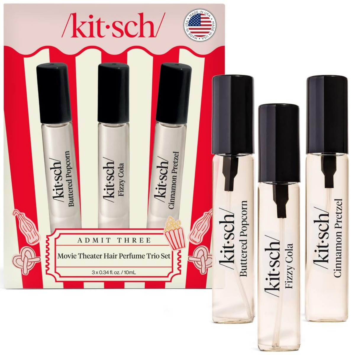 Kitsch Hair Perfume for Women - Movie Theater Set | Deodorizing & Patented Odor-Eliminating Technology Hair Spray & Body Mist - Buttered Popcorn, Fizzy Cola & Cinnamon Pretzel, 3x10mL