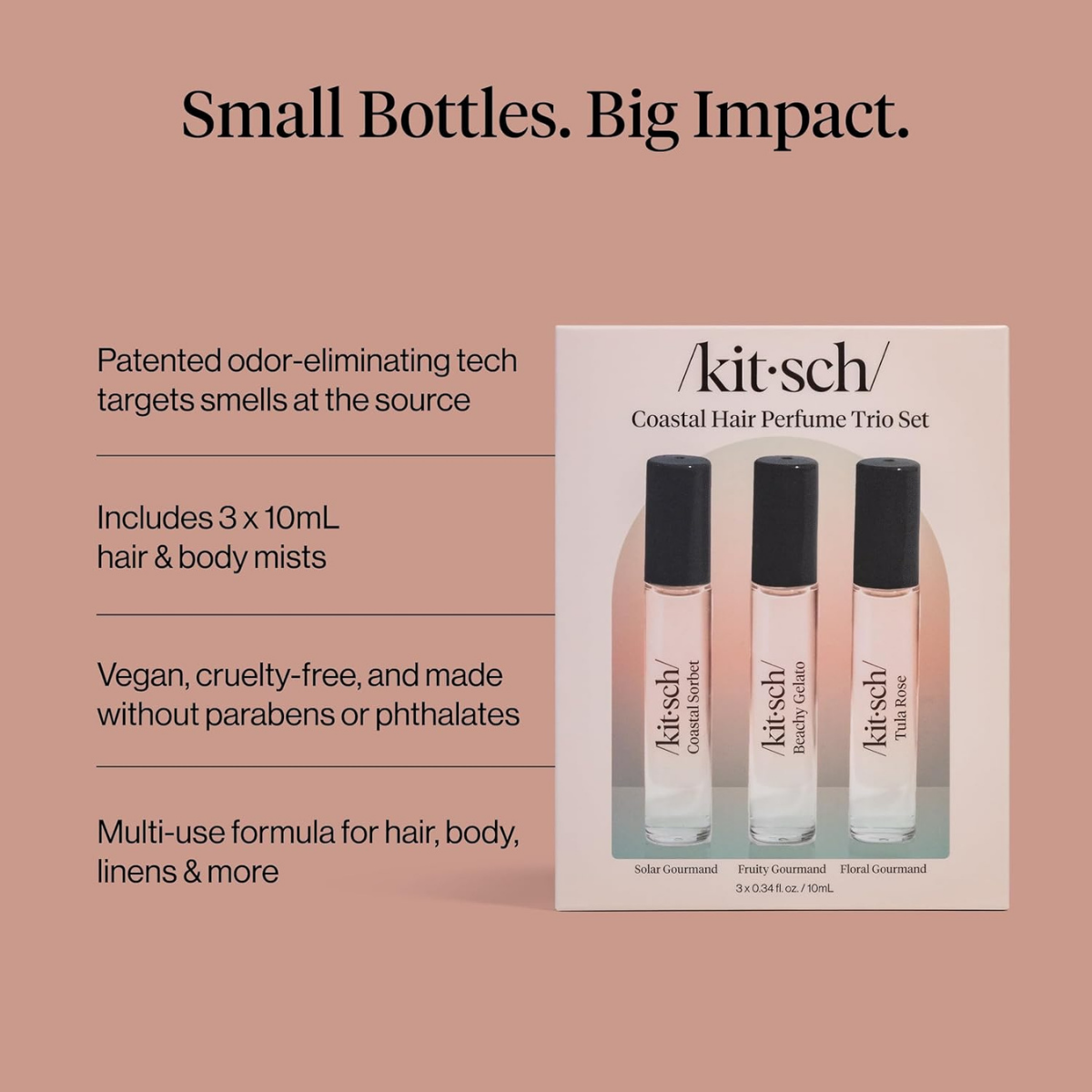 Kitsch Hair Perfume for Women- Trio Set | Deodorizing & Patented Odor-Eliminating Technology Hair Spray & Body Mist- Freshen Hair, Body & Pillows - Tula Rose, Beachy Gelato & Coastal Sorbet- 3 x 10mL