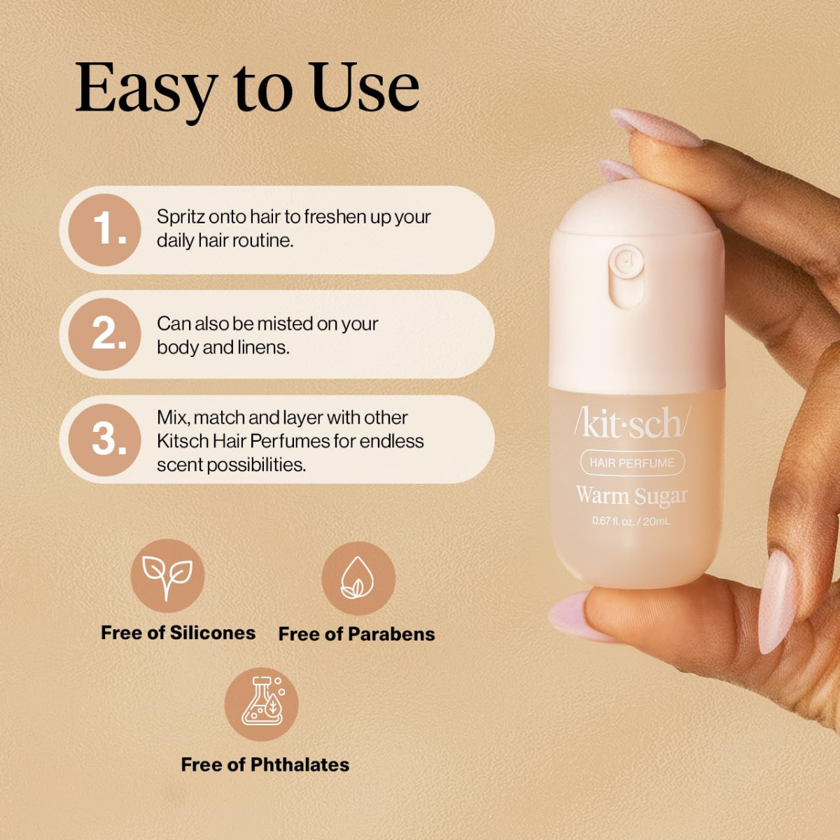 Kitsch Hair Perfume for Women - Warm Sugar | Clean, Deodorizing & Patented Odor-Eliminating Technology Hair Spray & Body Mist - Freshen Hair, Body & Pillows - Pink Grapefruit & Vanilla Scent - 20mL