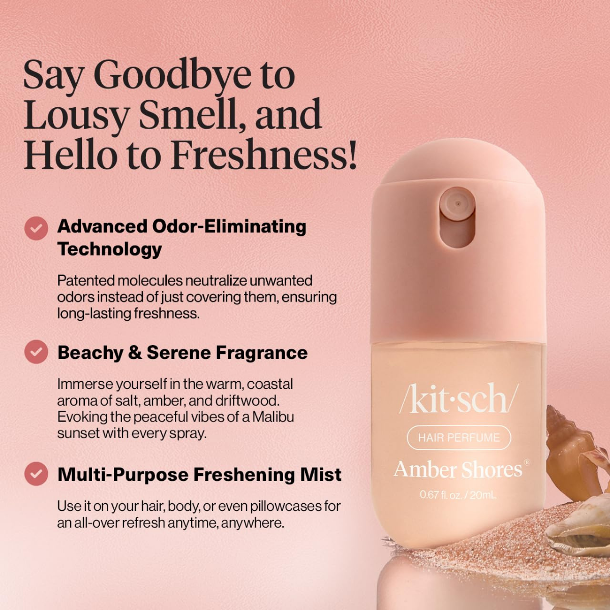 Kitsch Hair Perfume for Women - Amber Shores | Clean, Deodorizing & Patented Odor-Eliminating Technology Hair Spray & Body Mist - Freshen Hair, Body & Pillows - Woody Aquatic Scent - 20mL