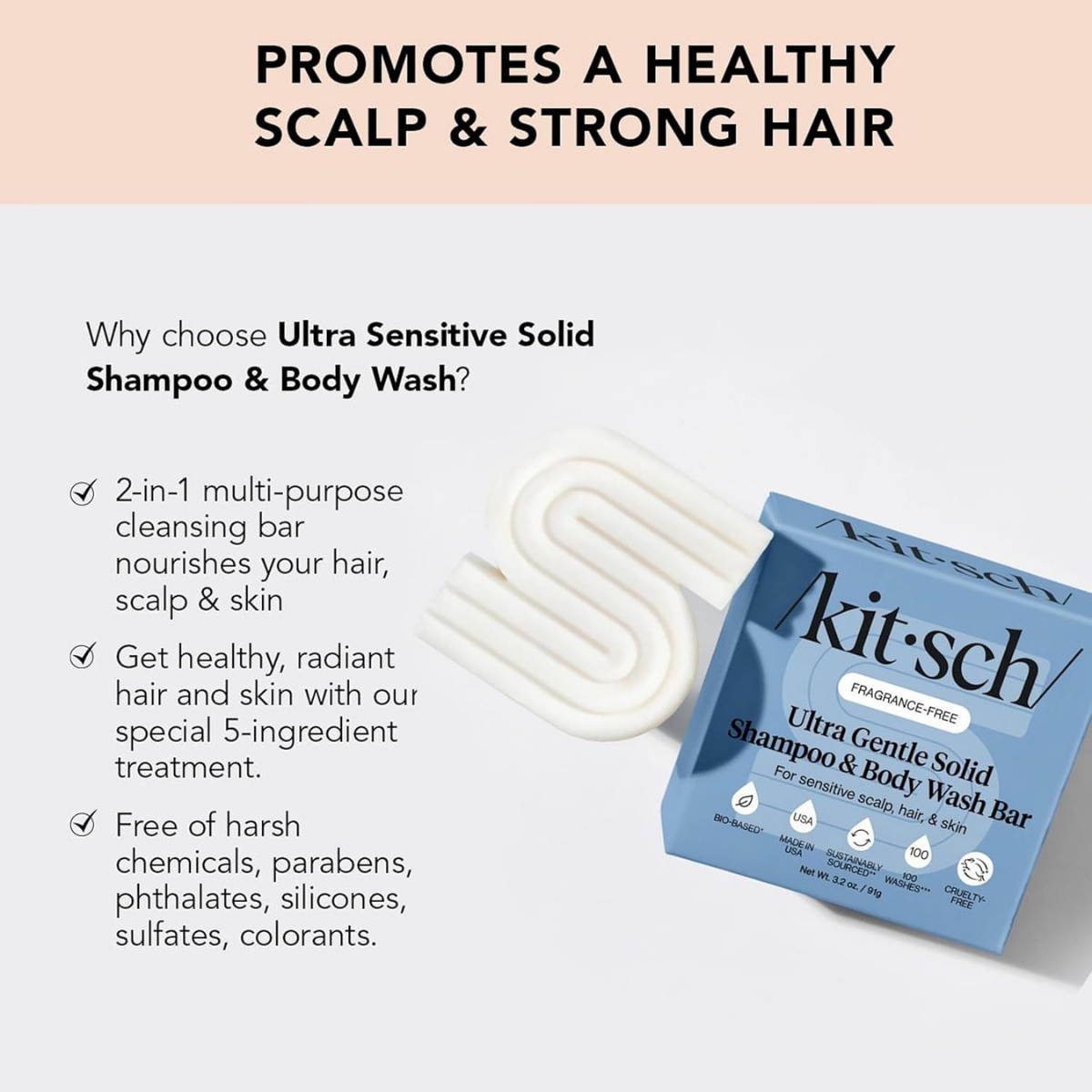 Kitsch Ultra Sensitive 2-in-1 Shampoo Bar and Body Wash Bar Soap | 5-Ingredient Formula Hair Care & Body Care - Fragrance Free & Vegan for Sensitive Scalp & Skin - Made in the USA