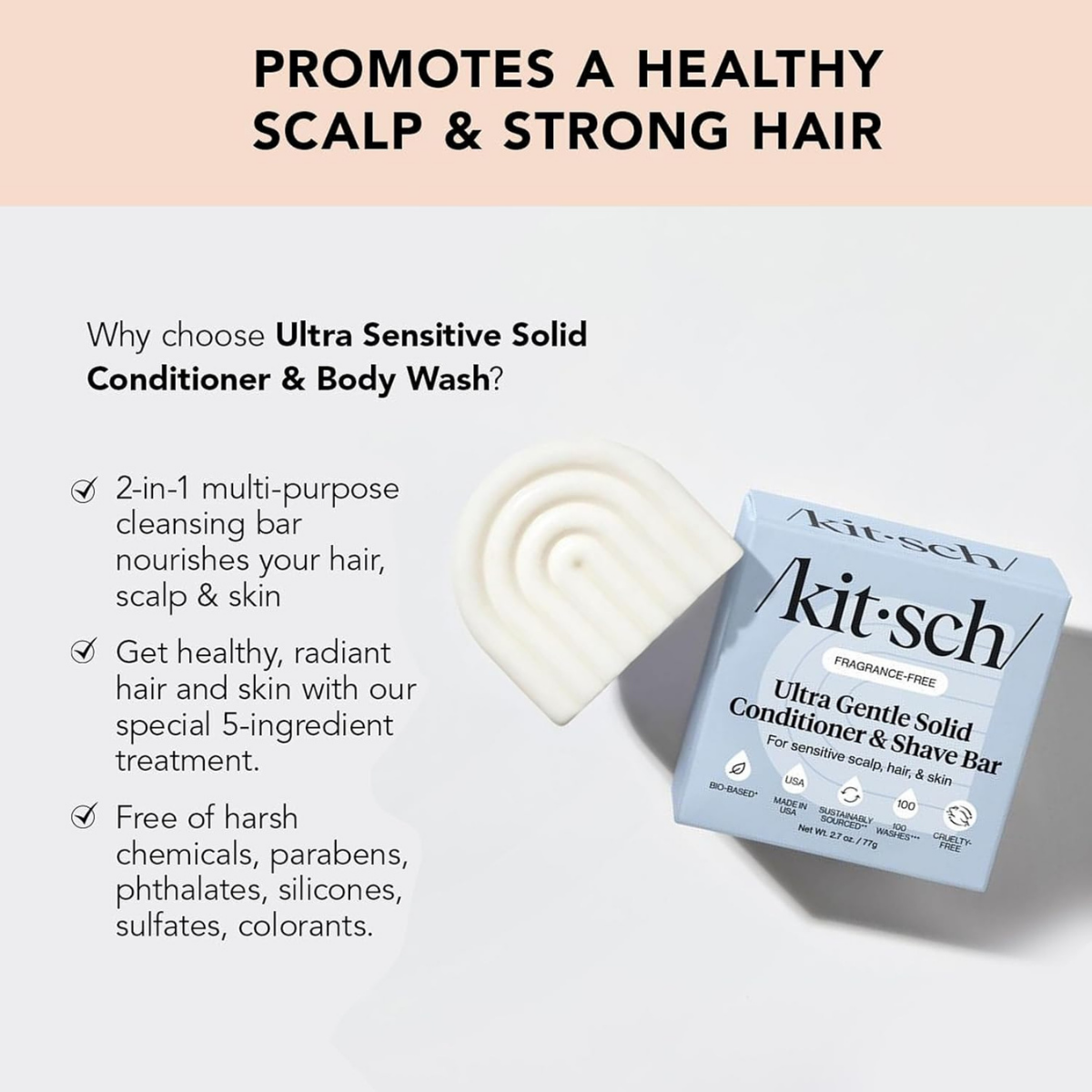 Kitsch Ultra Sensitive 2-in-1 Conditioner Bar & Shaving Soap | Moisturizing & Anti-Irritation Bar Soap for Sensitive Scalp & Skin - 5 Ingredients Only, Scent Free Hair Care & Body Care