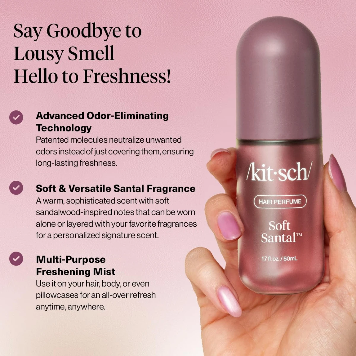 Kitsch Hair Perfume for Women – Hair Spray & Body Mist – Soft Santal, 50mL | Clean, Deodorizing & Patented Odor-Eliminating Technology – Freshen Hair, Body & Pillows – Made in USA