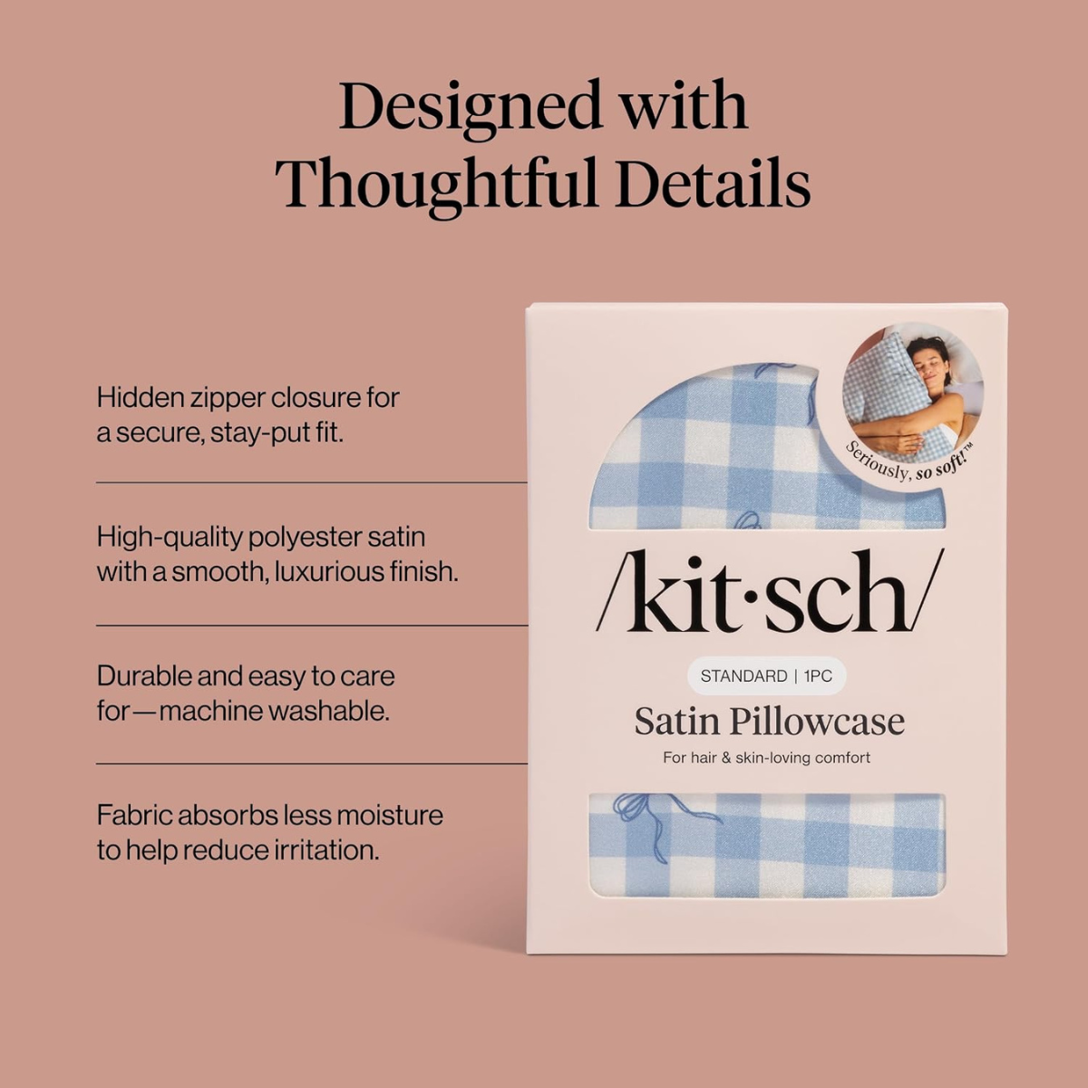 Kitsch Satin Pillowcase with Zipper - Standard Size, Gingham Blue | Softer Than Silk Pillow Cases, Smooth Cooling Satin Pillow Case for Hair and Skin, Wrinkle-Free, Machine Washable