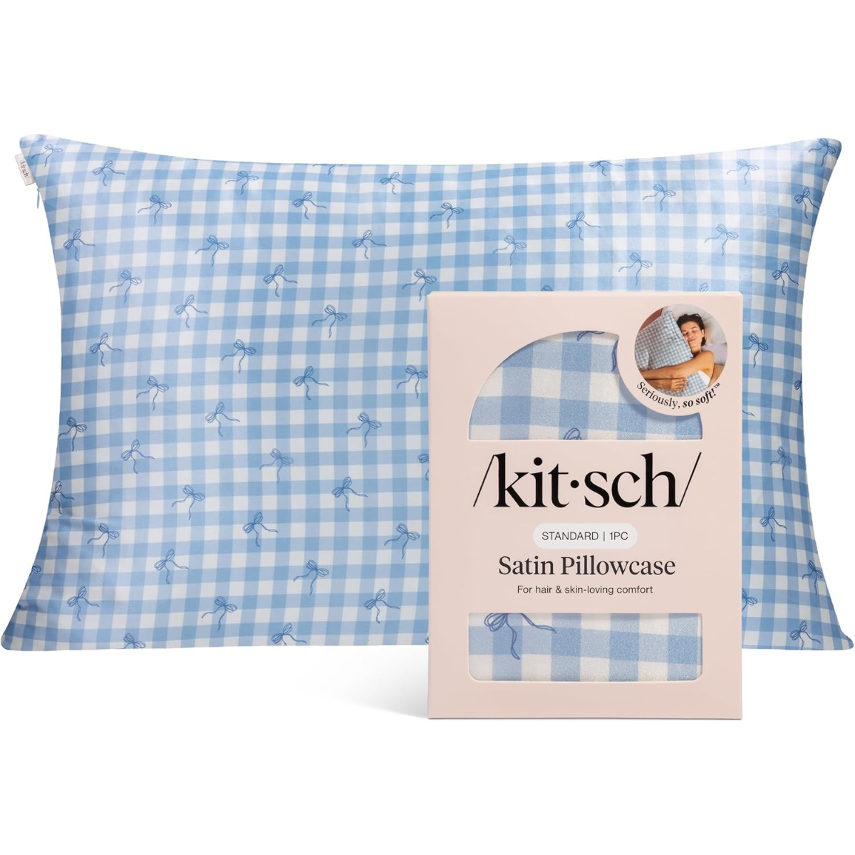 Kitsch Satin Pillowcase with Zipper - Standard Size, Gingham Blue | Softer Than Silk Pillow Cases, Smooth Cooling Satin Pillow Case for Hair and Skin, Wrinkle-Free, Machine Washable