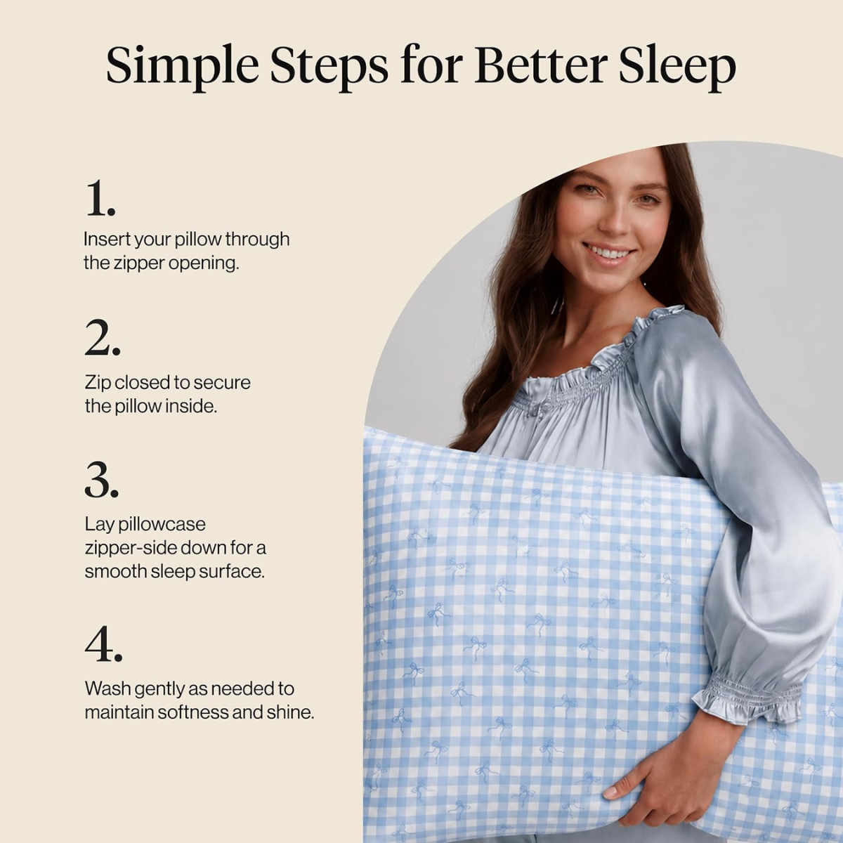 Kitsch Satin Pillowcase with Zipper - Standard Size, Gingham Blue | Softer Than Silk Pillow Cases, Smooth Cooling Satin Pillow Case for Hair and Skin, Wrinkle-Free, Machine Washable