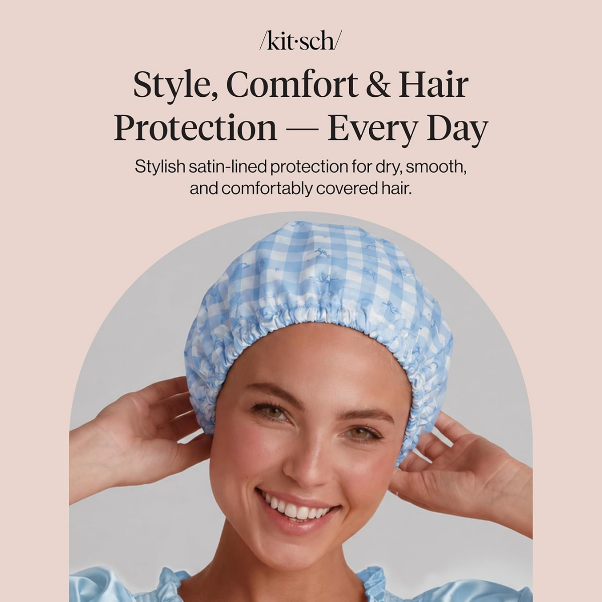Kitsch Luxury Satin-Lined Flexi Shower Cap for Women - Gingham Blue | Shower Caps for Women Reusable Waterproof - Non-slip, Comfortable Quick-dry Hair Shower Cap for All Hair Types