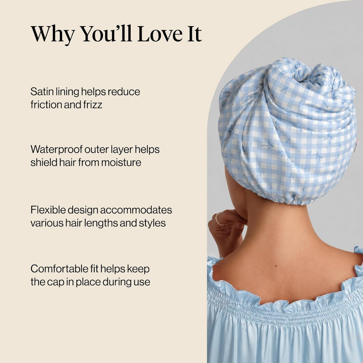 Kitsch Luxury Satin-Lined Flexi Shower Cap for Women - Gingham Blue | Shower Caps for Women Reusable Waterproof - Non-slip, Comfortable Quick-dry Hair Shower Cap for All Hair Types