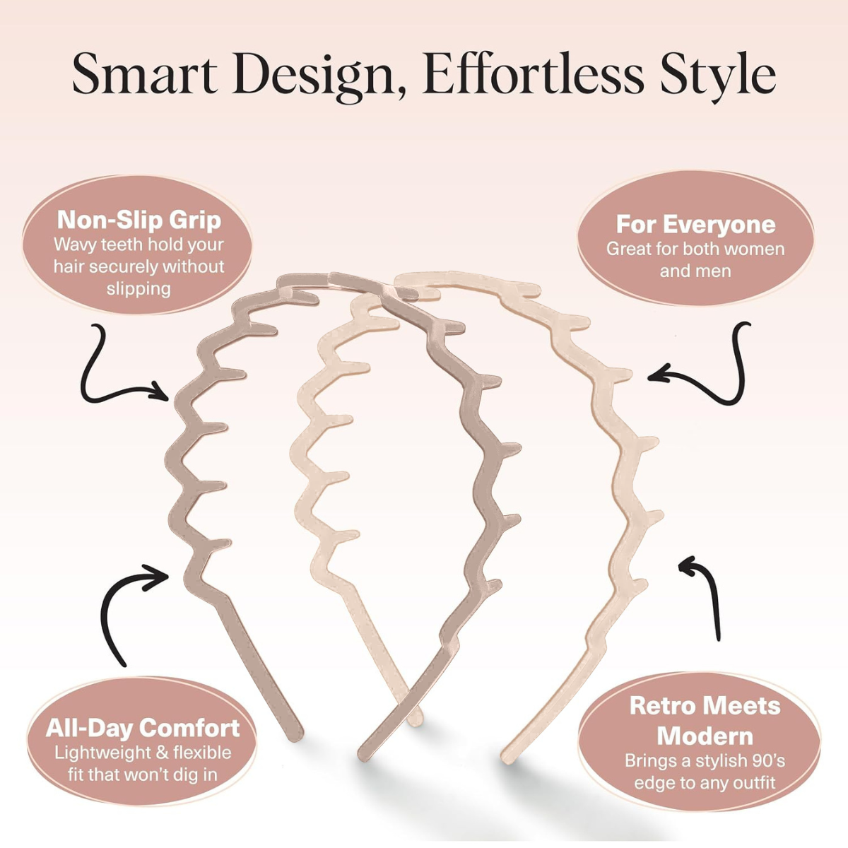 Kitsch Zig Zag Headbands for Women - Neutral, 2 pcs, Fashion Accessories for Slicked Back Styles | Comfortable Wavy Headbands | Comb Headband with Teeth