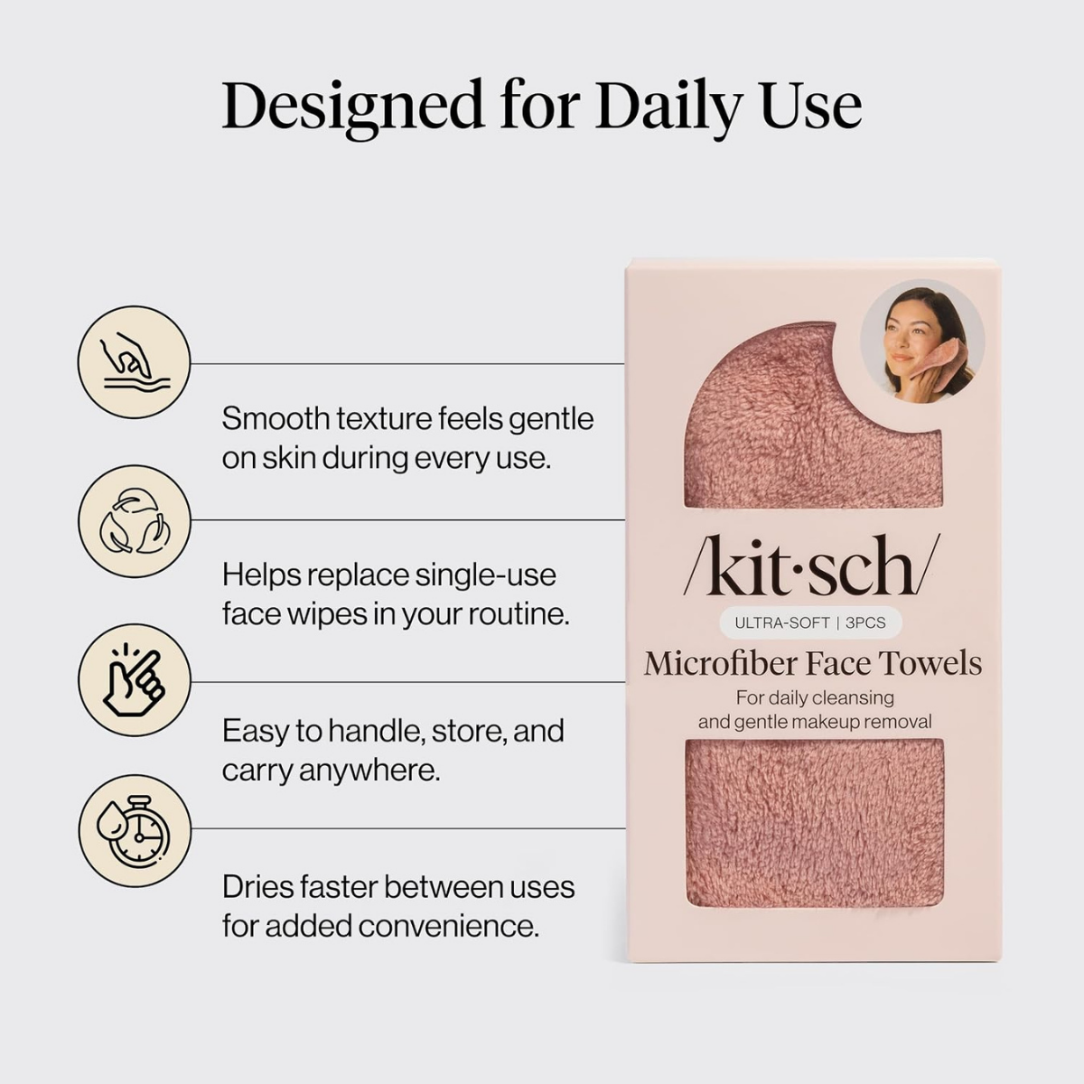 Kitsch Microfiber Face Towels 3pc Set | Clean Towels for Face - Terracotta, Reusable Microfiber Face Cloth for Daily Use, Facial Towel, Gentle Cleanse Face Wipes Alternative, Absorbent Quick Dry Cloths