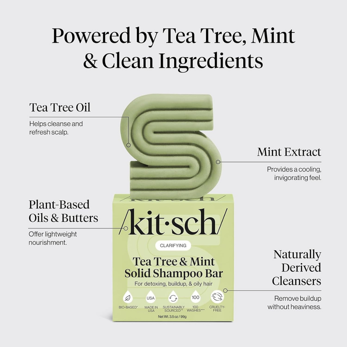 Kitsch Clarifying Tea Tree & Mint Shampoo Bar Soap - Made in USA - Clarifying Shampoo for Build-Up Removal - Hair Shampoo for Women and Men for Scalp & Oil Control - Vegan Hair Care