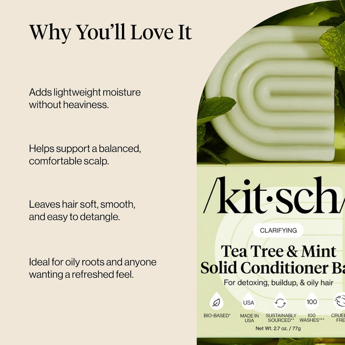 Kitsch Clarifying Tea Tree & Mint Conditioner Bar Soap - Hair Conditioner for Scalp & Oil Control - Tea Tree Conditioner for Women and Men - Vegan Hair Care, Made in USA