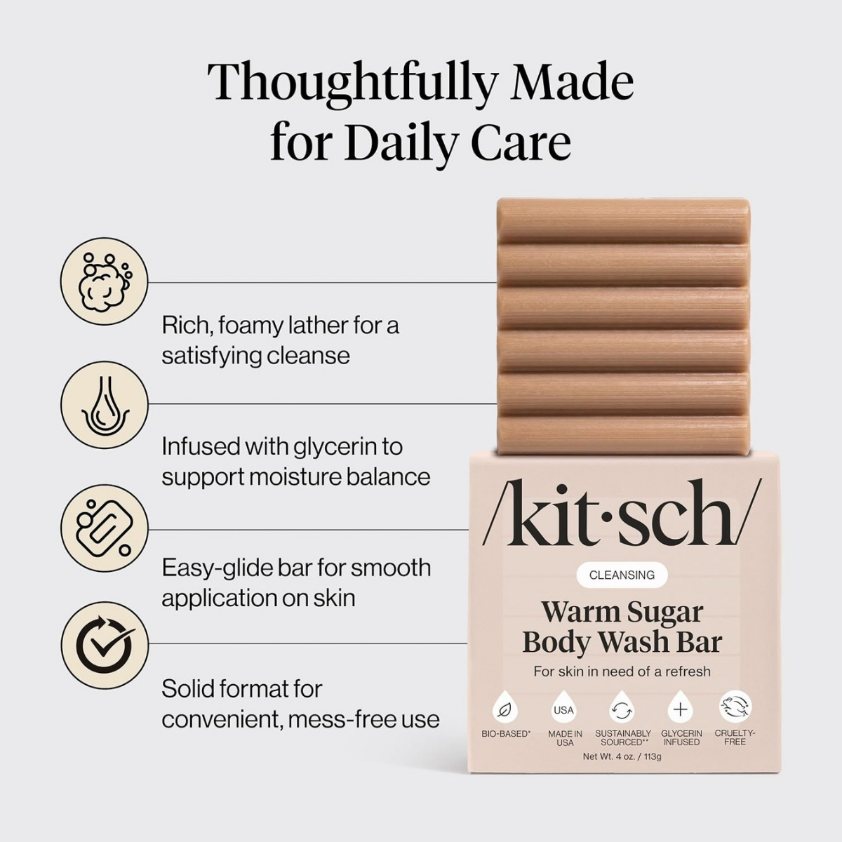Kitsch Warm Sugar Body Wash Bar Soap for Women – Made in USA - 113g