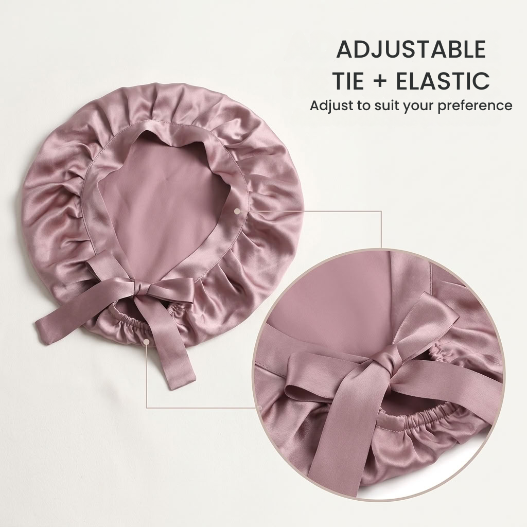 Adjustable tie and elastic detail on the Zulfees pale mauve silk bonnet