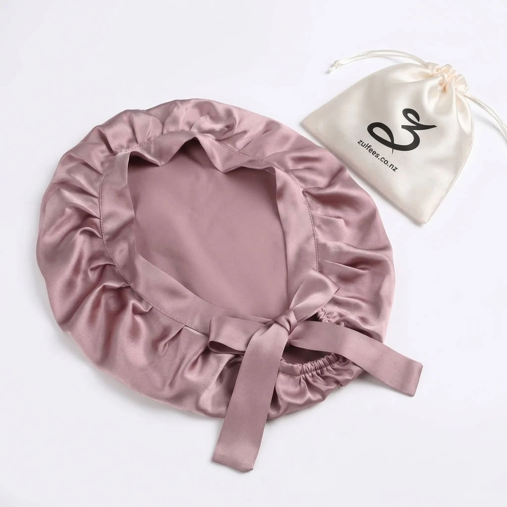 Close-up of the smooth silk fabric on the Zulfees Pale Mauve bonnet
