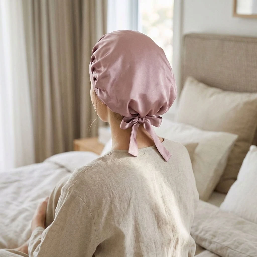 Woman wearing a pale mauve silk bonnet during her hair-care routine