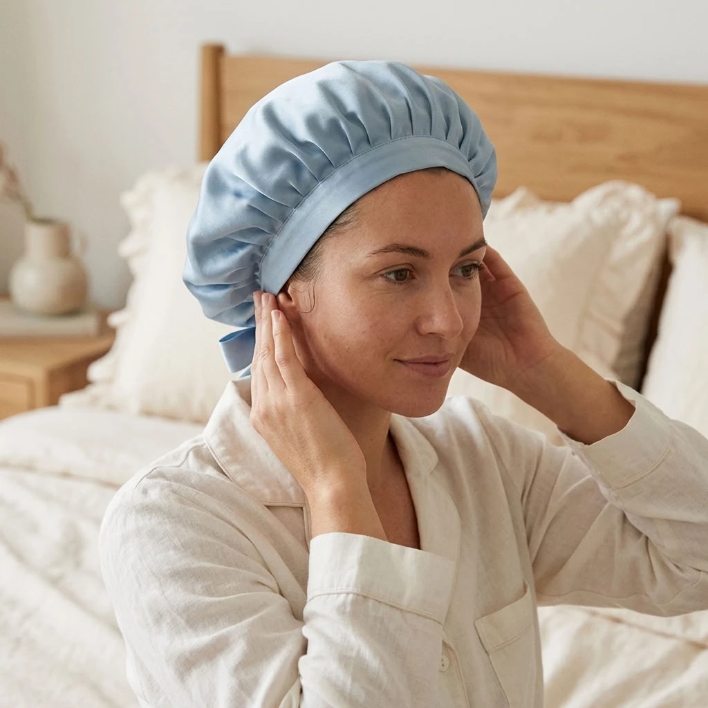 Woman wearing the Zulfees grayish blue Mulberry silk bonnet