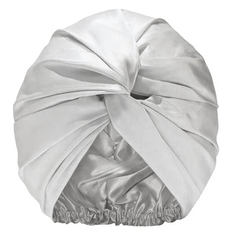 A silver silk bonnet 100% mulberry silk sleep cap with double twisted front design and elasticated back, ideal for protecting hair overnight and reducing frizz.