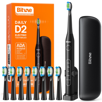 Bitvae ADA Accepted Black Electric Toothbrush Travel Toothbrush Rechargeable for Adults and Kids 60-Day Battery 5 Cleaning Modes 8 Brush Heads Portable Travel Case, Holder