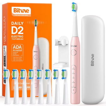 Bitvae Sonic Pink Electric Toothbrush for Adults and Kids ADA Accepted Travel Electric Toothbrush Rechargeable, 60-Day Battery, 8 Heads, 5 Modes, Case
